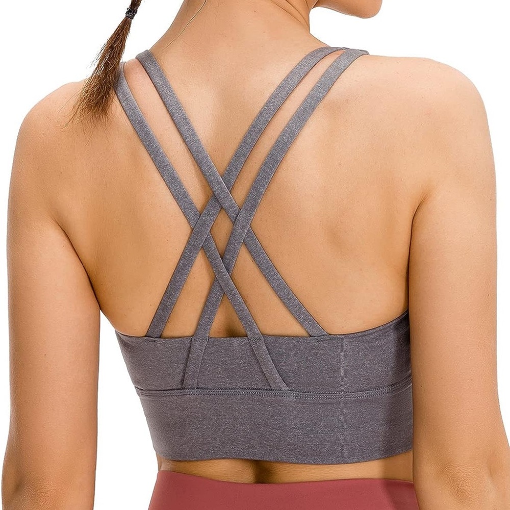 Strappy Sports Bra Long Line Workout Training Gray Running Gym Large